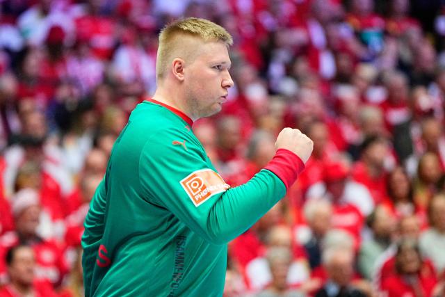 Denmark's goalkeeper #12 Emil Nielsen reacts during the men's EHF Euro 2026 main round handball match Denmark vs Norway in Herning, Denmark, on January 28, 2026. (Photo by Bo Amstrup / Ritzau Scanpix / AFP) / Denmark OUT