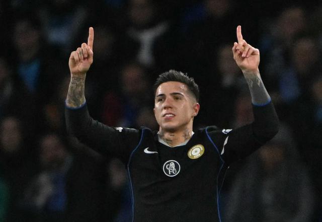 Chelsea's Argentinian midfielder #08 Enzo Fernandez celebrates after scoring a penalty during the UEFA Champions League - league phase day 8 football match between Napoli and Chelsea at the Diego Armando Maradona stadium in Naples on January 28, 2026. (Photo by Andreas SOLARO / AFP)
