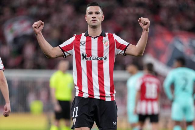 Athletic Bilbao's Spanish forward #11 Gorka Guruzeta celebrates scoring his team's second goal during the UEFA Champions League league phase day 8 football match between Athletic Club Bilbao and Sporting CP at San Mames Stadium in Bilbao on January 28, 2026. (Photo by Cesar MANSO / AFP)