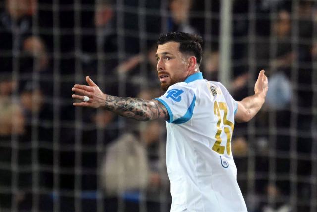 Marseille's Danish midfielder #23 Pierre-Emile Hojbjerg gestures during the UEFA Champions League, league phase day 8, football match between Club Brugge KV and Olympique de Marseille, at the Jan Breydel Stadium in Bruges on January 28, 2026. (Photo by NICOLAS TUCAT / AFP)