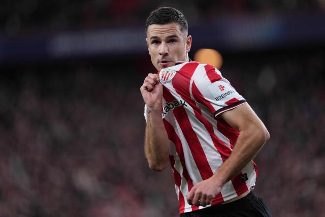 Athletic Bilbao's Spanish forward #11 Gorka Guruzeta celebrates scoring his team's second goal during the UEFA Champions League league phase day 8 football match between Athletic Club Bilbao and Sporting CP at San Mames Stadium in Bilbao on January 28, 2026. (Photo by Cesar MANSO / AFP)