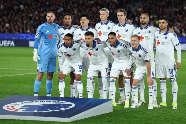 Copenhagen players pose before the UEFA Champions League league phase day 8 football match between FC Barcelona and FC Copenhagen at the Camp Nou Stadium in Barcelona on Janaury 28, 2026. (Photo by Josep LAGO / AFP)