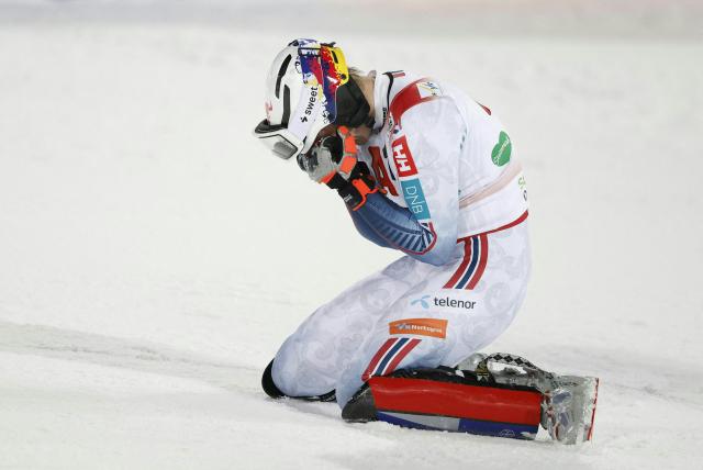 Norway's Henrik Kristoffersen reacts after winning in the second run of the men's Slalom event of FIS Alpine Skiing World Cup in Schladming, Austria, on January 28, 2026. (Photo by ERWIN SCHERIAU / APA / AFP) / Austria OUT