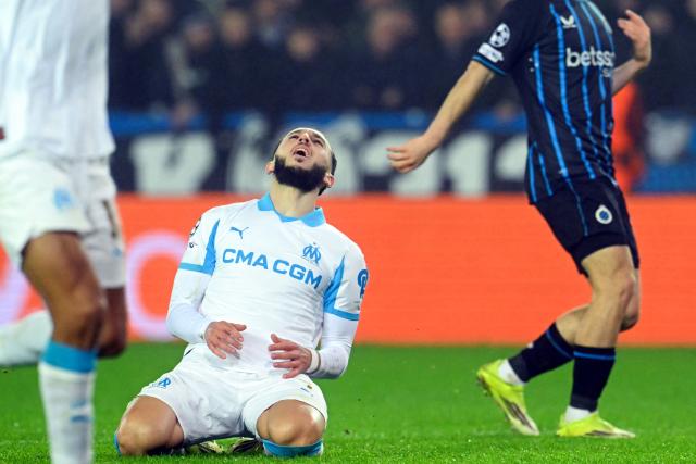 Marseille's English forward #10 Mason Greenwood reacts during the UEFA Champions League, league phase day 8, football match between Club Brugge KV and Olympique de Marseille, at the Jan Breydel Stadium in Bruges on January 28, 2026. (Photo by NICOLAS TUCAT / AFP)