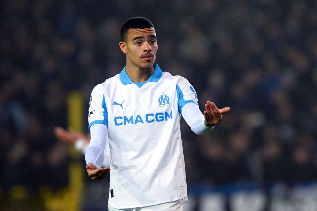 Marseille's English forward #10 Mason Greenwood reacts during the UEFA Champions League, league phase day 8, football match between Club Brugge KV and Olympique de Marseille, at the Jan Breydel Stadium in Bruges on January 28, 2026. (Photo by NICOLAS TUCAT / AFP)