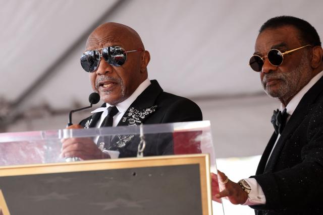 US singer-songwriters Ernie Isley (L) and Ronald Isley of US band The Isley Brothers speak during their Walk of Fame ceremony in Hollywood, California on January 28, 2026. (Photo by VALERIE MACON / AFP)