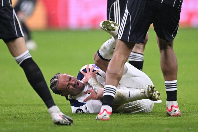 Tottenham Hotspur's Dutch midfielder #07 Xavi Simons reacts after falling during the UEFA Champions League league phase- day 8 football match between Eintracht Frankfurt and Tottenham Hotspur in Frankfurt, western Germany, on January 28, 2026. (Photo by Kirill KUDRYAVTSEV / AFP)