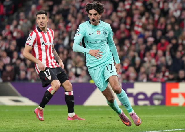 Sporting Lisbon's Portuguese forward #17 Francisco Trincao celebrates scoring his team's second goal during the UEFA Champions League league phase day 8 football match between Athletic Club Bilbao and Sporting CP at San Mames Stadium in Bilbao on January 28, 2026. (Photo by Cesar MANSO / AFP)