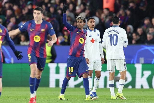 Barcelona's Spanish forward #10 Lamine Yamal (C) celebrates scoring his team's second goal during the UEFA Champions League league phase day 8 football match between FC Barcelona and FC Copenhagen at the Camp Nou Stadium in Barcelona on Janaury 28, 2026. (Photo by Josep LAGO / AFP)