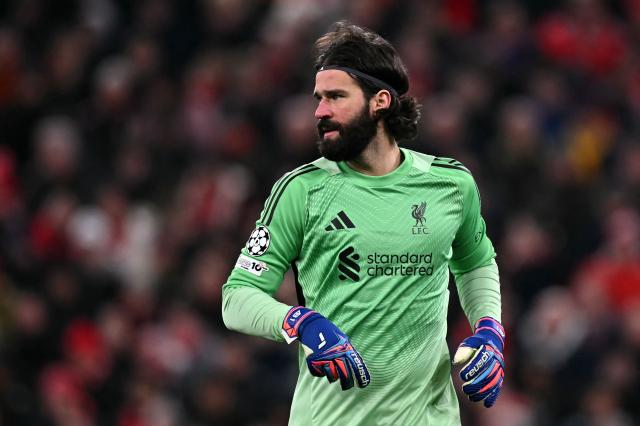 Liverpool's Brazilian goalkeeper #01 Alisson Becker looks on during the UEFA Champions League football match between Liverpool and Qarabag at Anfield in Liverpool, north west England on January 28, 2026. (Photo by Paul ELLIS / AFP)