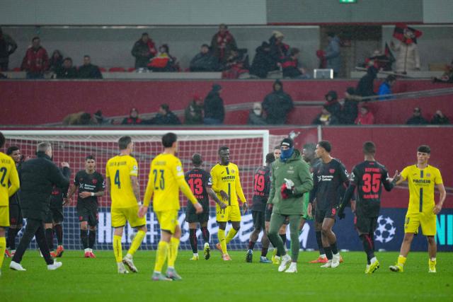 Players react at the end of the UEFA Champions League league phase - Day 8 football match between Bayer Leverkusen and Villarreal CF at the BayArena stadium in Leverkusen, western Germany on January 28, 2026. (Photo by Pau Barrena / AFP)