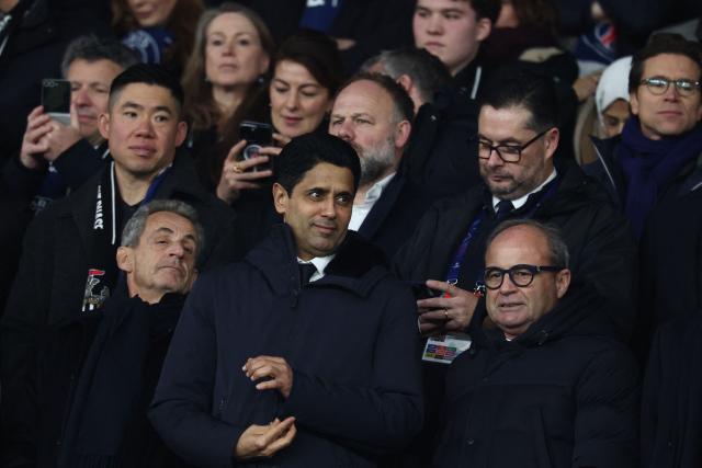 France's former president Nicolas Sarkozy (L), Paris Saint Germain's Qatari president  Nasser al-Khelaifi (C) and Paris Saint Germain's Portuguese Football Advisor Luis Campos (R)  attend  the UEFA Champions League - League phase, Matchday 8 - football match between Paris Saint-Germain (PSG) and Newcastle United FC at the Parc des Princes stadium in Paris on January 28, 2026. (Photo by FRANCK FIFE / AFP)