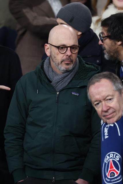 French journalist Thomas Snegaroff attends the  UEFA Champions League - League phase, Matchday 8 - football match between Paris Saint-Germain (PSG) and Newcastle United FC at the Parc des Princes stadium in Paris on January 28, 2026. (Photo by FRANCK FIFE / AFP)