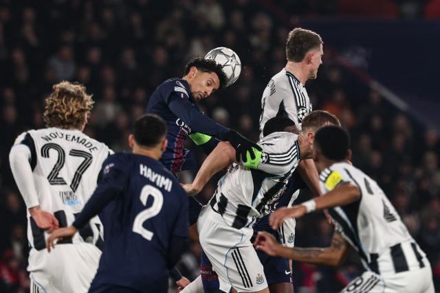 Paris Saint-Germain's Brazilian defender #05 Marquinhos (C) heads the ball  during the UEFA Champions League - League phase, Matchday 8 - football match between Paris Saint-Germain (PSG) and Newcastle United FC at the Parc des Princes stadium in Paris on January 28, 2026. (Photo by FRANCK FIFE / AFP)
