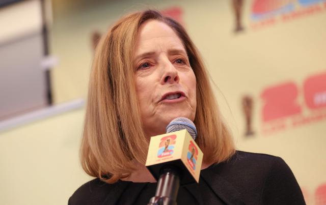 Kathryn S. Schloessman, president and CEO, Los Angeles Sports and Entertainment Commission, and CEO, Los Angeles World Cup 2026 Host Committee, speaks during the Los Angeles World Cup 2026 Host Committee Community and Fan Engagement Press Event at the Los Angeles Memorial Coliseum in Los Angeles, California on January 28, 2026. (Photo by Patrick T. Fallon / AFP)