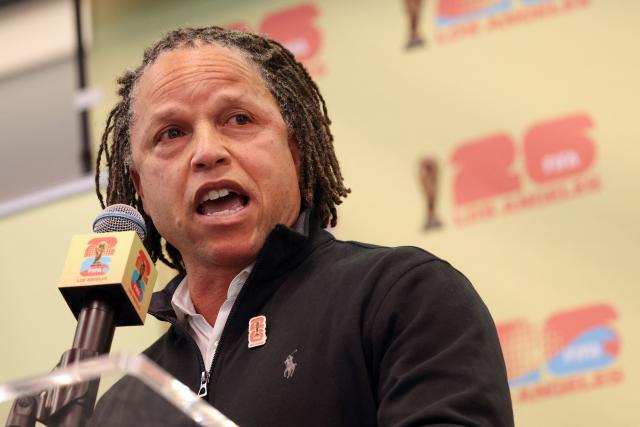 US former soccer player Cobi Jones speaks during the Los Angeles World Cup 2026 Host Committee Community and Fan Engagement Press Event at the Los Angeles Memorial Coliseum in Los Angeles, California on January 28, 2026. (Photo by Patrick T. Fallon / AFP)