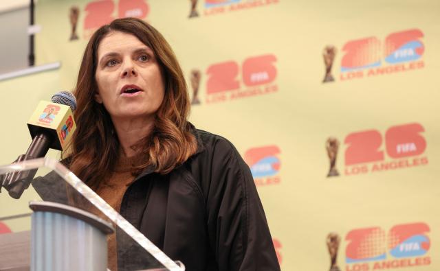 US former soccer player Mia Hamm speaks during the Los Angeles World Cup 2026 Host Committee Community and Fan Engagement Press Event at the Los Angeles Memorial Coliseum in Los Angeles, California on January 28, 2026. (Photo by Patrick T. Fallon / AFP)