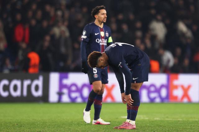Paris Saint-Germain's French midfielder #14 Desire Doue (R) reacts after a draw in the UEFA Champions League - League phase, Matchday 8 - football match between Paris Saint-Germain (PSG) and Newcastle United FC at the Parc des Princes stadium in Paris on January 28, 2026. (Photo by FRANCK FIFE / AFP)