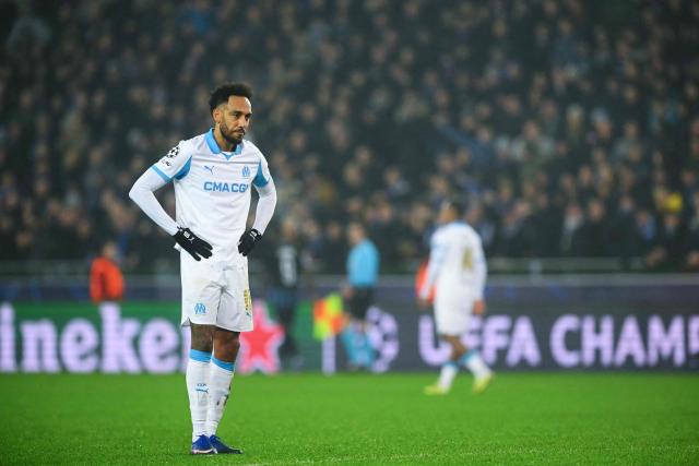 Marseille's Gabonese forward #97 Pierre-Emerick Aubameyang reacts at the end of the UEFA Champions League, league phase day 8, football match between Club Brugge KV and Olympique de Marseille, at the Jan Breydel Stadium in Bruges on January 28, 2026. (Photo by NICOLAS TUCAT / AFP)