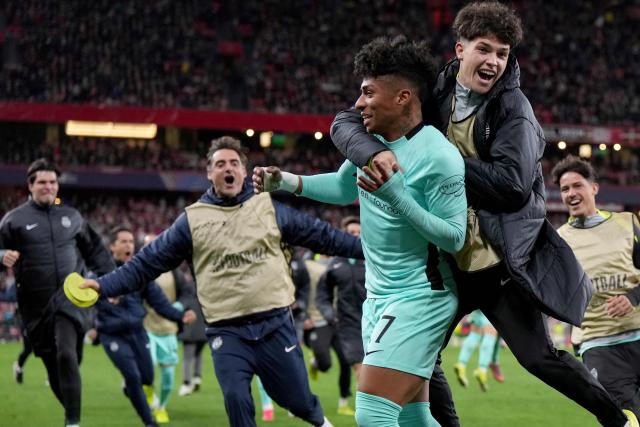Sporting Lisbon's Brazilian forward #27 Alisson Santos celebrates victory at the end of the UEFA Champions League league phase day 8 football match between Athletic Club Bilbao and Sporting CP at San Mames Stadium in Bilbao on January 28, 2026. (Photo by Cesar MANSO / AFP)