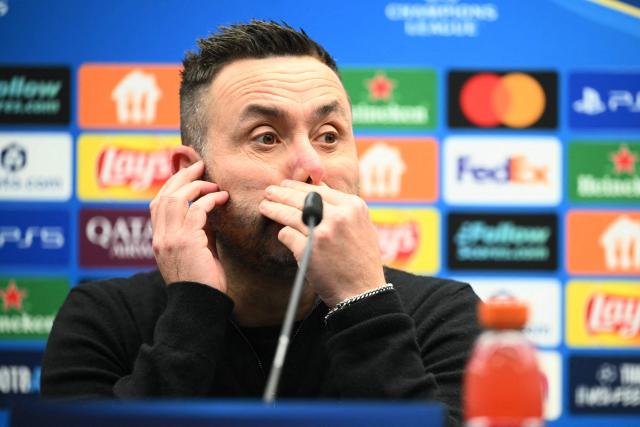Marseille's Italian head coach Roberto De Zerbi speaks during a press conference after the UEFA Champions League, league phase day 8, football match between Club Brugge KV and Olympique de Marseille, at the Jan Breydel Stadium in Bruges on January 28, 2026. (Photo by NICOLAS TUCAT / AFP)