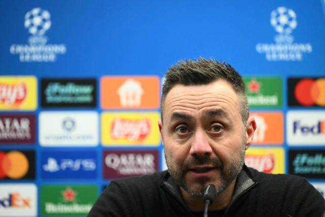 Marseille's Italian head coach Roberto De Zerbi speaks during a press conference after the UEFA Champions League, league phase day 8, football match between Club Brugge KV and Olympique de Marseille, at the Jan Breydel Stadium in Bruges on January 28, 2026. (Photo by NICOLAS TUCAT / AFP)