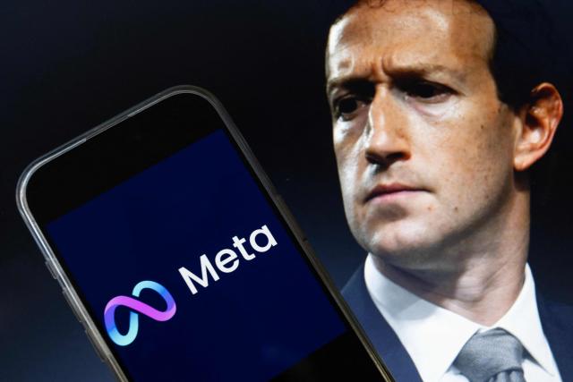 (FILES) This photo illustration created on January 7, 2025, in Washington, DC, shows an image of Mark Zuckerberg, CEO of Meta, and an image of the Meta logo. Meta on January 28 reported quarterly earnings that topped market expectations, as revenue grew along with investments in artificial intelligence. (Photo by Drew ANGERER / AFP)