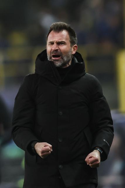 Club's head coach Ivan Leko reacts in the techinal area during the UEFA Champions League, league phase day 8, football match between Club Brugge KV and Olympique de Marseille, at the Jan Breydel Stadium in Bruges on January 28, 2026. (Photo by BRUNO FAHY / BELGA / AFP) / Belgium OUT