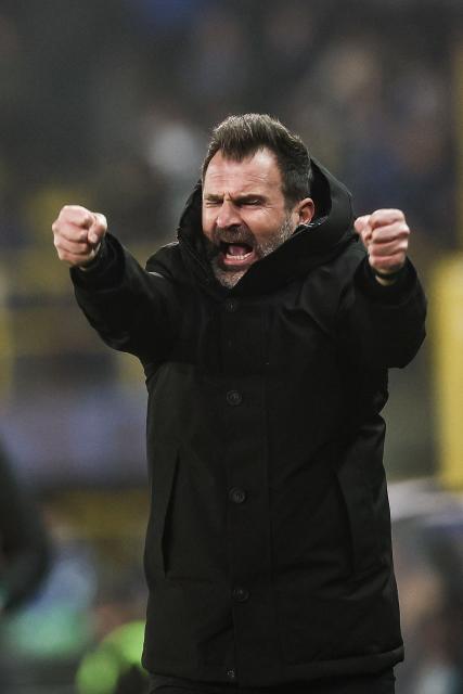 Club's head coach Ivan Leko reacts in the techinal area during the UEFA Champions League, league phase day 8, football match between Club Brugge KV and Olympique de Marseille, at the Jan Breydel Stadium in Bruges on January 28, 2026. (Photo by BRUNO FAHY / BELGA / AFP) / Belgium OUT