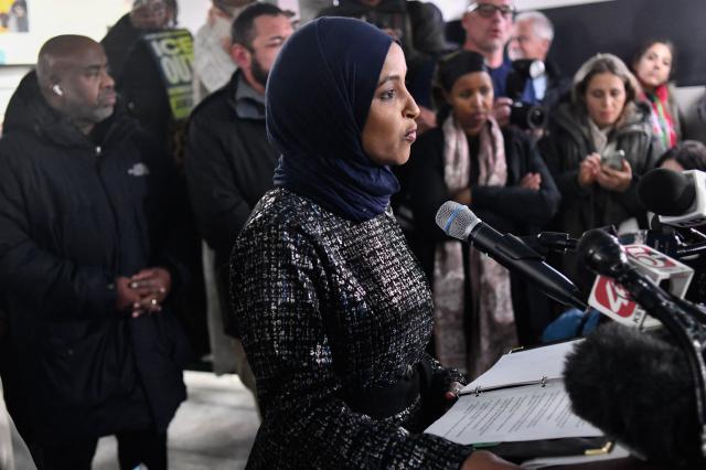 Rep. Ilhan Omar, Democrat from Minnesota, speaks to the press in Minneapolis, Minnesota, on January 28, 2026. On January 27, 2026, a man sprayed Omar with a syringe of unknown liquid at a town hall meeting, where she called for curbing the Trump administration's anti-immigration crackdown. (Photo by Octavio JONES / AFP)