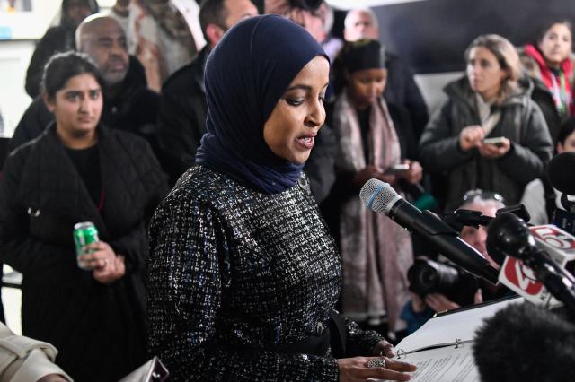Rep. Ilhan Omar, Democrat from Minnesota, speaks during a press conference in Minneapolis, Minnesota, on January 28, 2026. On January 27, 2026, a man sprayed Omar with a syringe of unknown liquid at a town hall meeting, where she called for curbing the Trump administration's anti-immigration crackdown. (Photo by Octavio JONES / AFP)