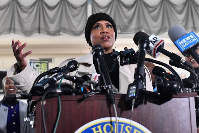 Rep. Ayanna Pressley, Democrat from Massachusetts, speaks to the press in Minneapolis, Minnesota, on January 28, 2026. On January 27, 2026, a man sprayed Rep. Ilhan Omar, Democrat from Minnesota, with a syringe of unknown liquid at a town hall meeting, where she called for curbing the Trump administration's anti-immigration crackdown. (Photo by Octavio JONES / AFP)