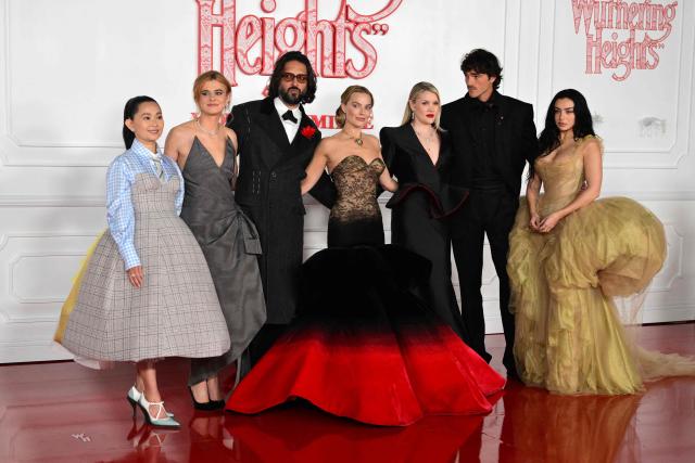 (L/R) US actress Hong Chau, Irish actress Alison Oliver, British actor Shazad Lati, Australian actress Margot Robbie, US actress and filmmaker Emerald Fennell, Australian actor Jacob Elordi and British singer-Songwriter Charli xcx attend the world premiere of "Wuthering Heights" at the TCL Chinese Theatre in Los Angeles on January 28, 2026. (Photo by Frederic J. Brown / AFP)