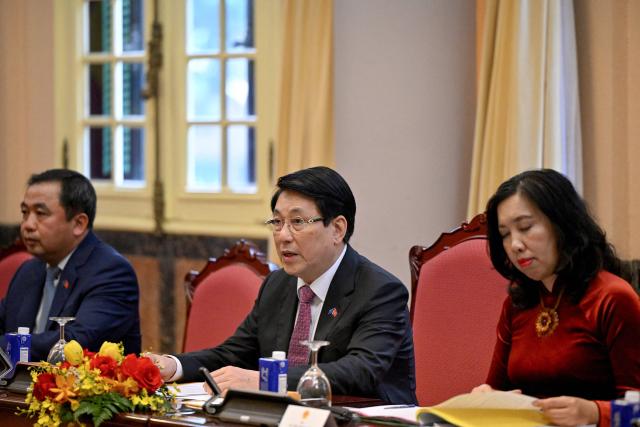 Vietnam's President Luong Cuong speaks during a meeting with European Council President Antonio Costa (not pictured) at the Presidential Palace in Hanoi on January 29, 2026. (Photo by Nhac NGUYEN / POOL / AFP)