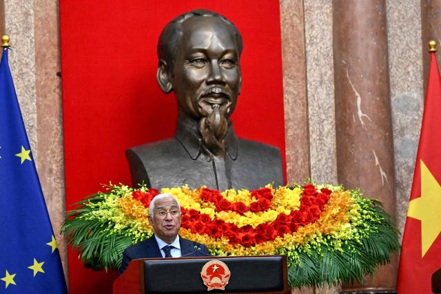 European Council President Antonio Costa speaks during a press briefing with Vietnam's President Luong Cuong at the Presidential Palace in Hanoi on January 29, 2026. (Photo by Nhac NGUYEN / POOL / AFP)