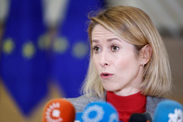 EU High Representative and Vice-President for Foreign Affairs and Security Policy Kaja Kallas talks to journalists upon arrival for a Foreign Affairs Council meeting in Brussels on January 29, 2026. The Council is expected to discuss the latest developments in Ukraine with discussions focused on peace negotiations, support for Ukraine and pressure on Russia. (Photo by SIMON WOHLFAHRT / AFP)