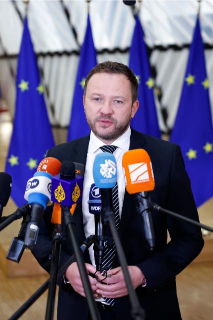 Estonia's Foreign Minister Margus Tsahkna talks to journalists upon arrival for a EU Foreign Affairs Council meeting at the EU headquarters in Brussels on January 29, 2026. The Council is expected to discuss the latest developments in Ukraine with discussions focused on peace negotiations, support for Ukraine and pressure on Russia. (Photo by SIMON WOHLFAHRT / AFP)