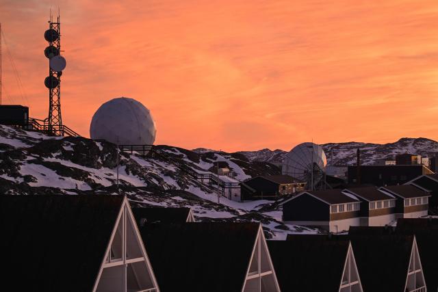 Satellite systems are pictured in the city of Nuuk, western Greenland, on January 28, 2026. (Photo by Ina FASSBENDER / AFP)