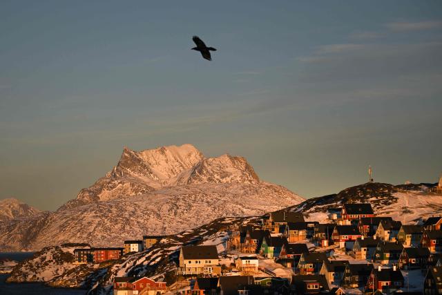 A raven flies over the old city of Nuuk, western Greenland, with a slightly snow covered mountain in the background, on January 28, 2026. (Photo by Ina FASSBENDER / AFP)
