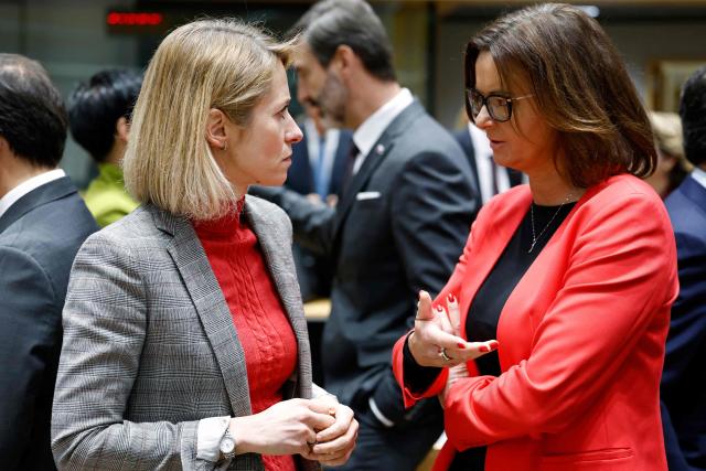 Slovenia's Foreign Minister Tanja Fajon (R) talks to EU High Representative and Vice-President for Foreign Affairs and Security Policy Kaja Kallas before the start of a EU Foreign Affairs Council meeting at the EU headquarters in Brussels on January 29, 2026. The Council is expected to discuss the latest developments in Ukraine with discussions focused on peace negotiations, support for Ukraine and pressure on Russia. (Photo by SIMON WOHLFAHRT / AFP)