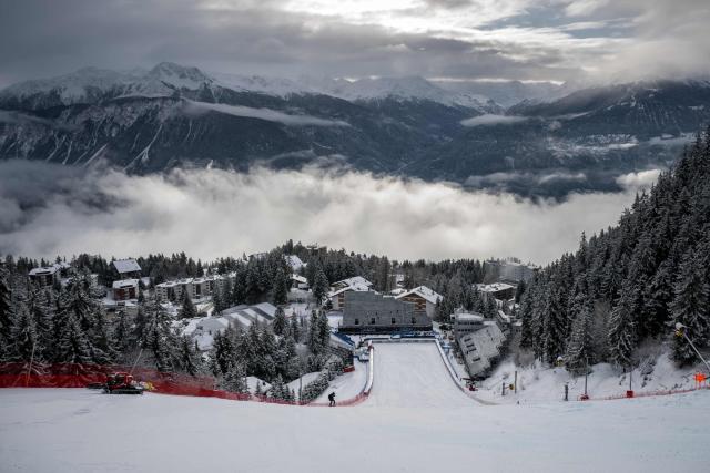 This photograph shows a view of the arrival area ahead of the FIS Alpine Skiing Women's World Cup downhill training race, which was cancelled due to heavy snowfalls, in Crans-Montana, on January 29, 2026. (Photo by Fabrice COFFRINI / AFP)