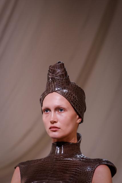 A model presents a creation for Ashi Studio for the Women's Haute Couture Spring/Summer 2026 collection fashion show as part of the Paris Haute Couture Fashion Week, in Paris, on January 29, 2026. (Photo by Ian LANGSDON / AFP)