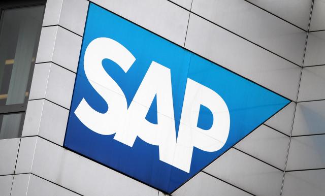 (FILES) The logo of German software company SAP is pictured at the company's headquarters on the sidelines of the company's annual financial statement in Walldorf, Germany, on January 29, 2019. Shares in the German software giant SAP suffered their biggest one-day drop in five years on January 29, 2026 after disappointing earnings, extending a months-long slide driven by fears that AI could disrupt its business. Shares in Germany's most valuable listed company fell as much as 16 percent on the Frankfurt Stock Exchange to around 164 euros ($196), the steepest one-day decline since October 2020. (Photo by Daniel ROLAND / AFP)