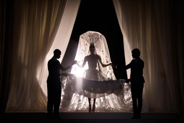 A model presents a creation by Celia Kritharioti for the Women's Haute Couture Spring/Summer 2026 collection fashion show as part of the Paris Haute Couture Fashion Week, in Paris, on January 29, 2026. (Photo by Ian LANGSDON / AFP)