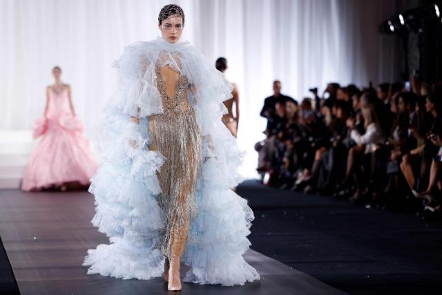 A model presents a creation by Celia Kritharioti for the Women's Haute Couture Spring/Summer 2026 collection fashion show as part of the Paris Haute Couture Fashion Week, in Paris, on January 29, 2026. (Photo by Ian LANGSDON / AFP)