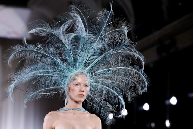 A model presents a creation by Celia Kritharioti for the Women's Haute Couture Spring/Summer 2026 collection fashion show as part of the Paris Haute Couture Fashion Week, in Paris, on January 29, 2026. (Photo by Ian LANGSDON / AFP)