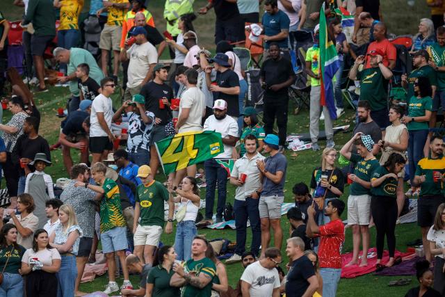 A South African supporter waves a flag during the second Twenty20 international cricket match between South Africa and West Indies at SuperSport Park in Centurion on January 29, 2026. (Photo by PHILL MAGAKOE / AFP)