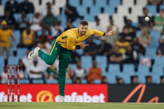 South Africa's Aiden Markram delivers a ball during the second Twenty20 international cricket match between South Africa and West Indies at SuperSport Park in Centurion on January 29, 2026. (Photo by PHILL MAGAKOE / AFP)