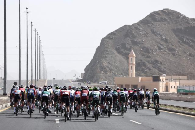 The pack rides during the third stage of the AlUla Tour cycling race, 142.1km from Winter Park to Bir Jaydah Mountain Wirkah on January 29, 2026. (Photo by Anne-Christine POUJOULAT / AFP)