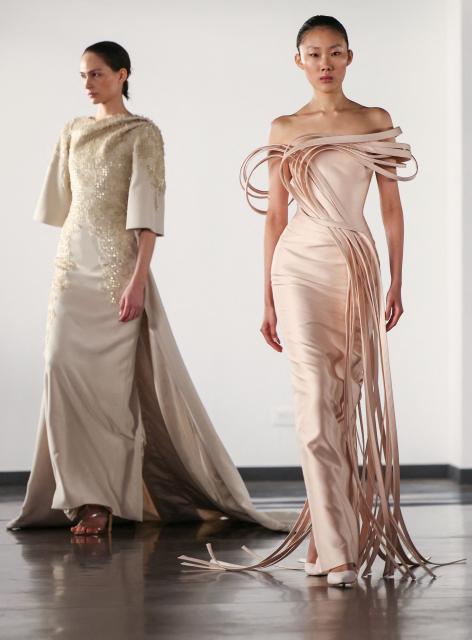 A model presents a creation by Rami Al Ali for the Women's Haute Couture Spring/Summer 2026 collection fashion show as part of the Paris Haute Couture Fashion Week, in Paris, on January 29, 2026. (Photo by Thomas SAMSON / AFP)